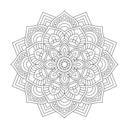 Mandala radiant sun coloring book page for kdp book interior. Peaceful Petals, Ability to Relax, Brain Experiences, Harmonious Haven, Peaceful Portraits, Blossoming Beauty mandala design.のイラスト素材