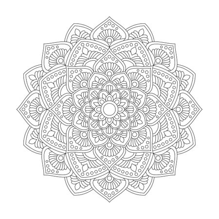 Serene sunburst adult mandala coloring book page for kdp book interior. Peaceful Petals, Ability to Relax, Brain Experiences, Harmonious Haven, Peaceful Portraits, Blossoming Beauty mandala design.のイラスト素材