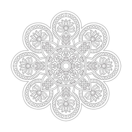 Ornamen Swirling Bliss Mandala Coloring Book Page for kdp Book Interior. Peaceful Petals, Ability to Relax, Brain Experiences, Harmonious Haven, Peaceful Portraits, Blossoming Beauty mandala design.のイラスト素材