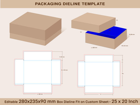 Low height Box 280x235x90 mm Lid H=70 mm Dieline Templateのイラスト素材
