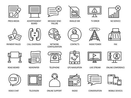 24 COMMUNICATION AND CONNECTIVITY icon SET ART LINE STROKE BLACK COLORのイラスト素材