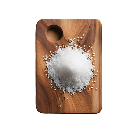 Flat-lay arrangement showing a small wooden cutting board with  piles of coarse saltの素材