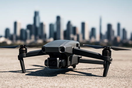 Drone quadcopter with digital camera flying over city. 3d renderingの素材