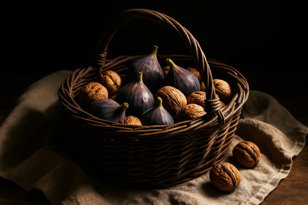 Ripe figs in a wicker basket on a wooden tableの素材