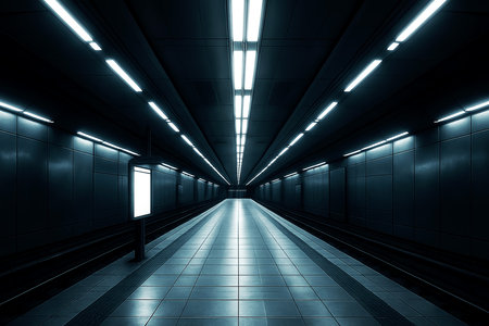 3d render of underground passage with glowing lights in the darkness.の素材
