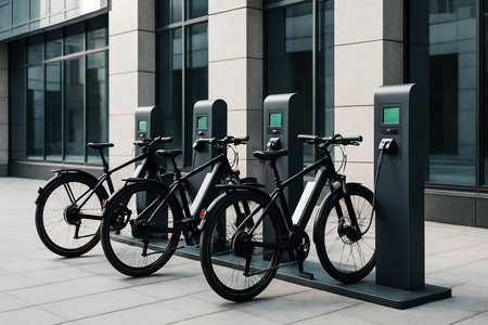 Bicycles parked in front of a modern office building. The concept of environmentally friendly transport.の素材