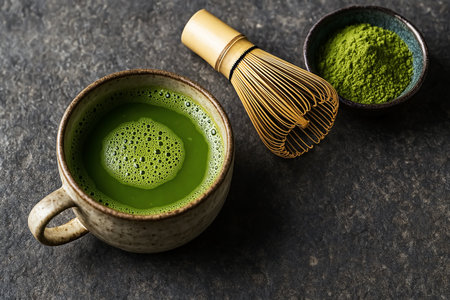 Matcha green tea powder in a cup and whisk on dark backgroundの素材