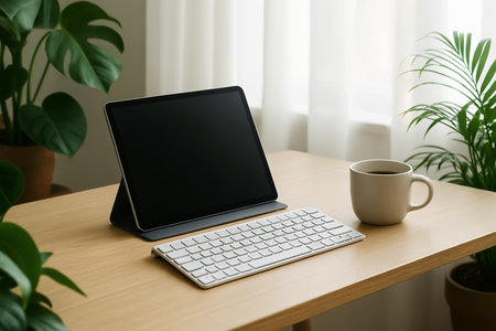 Laptop with blank screen and coffee cup on wooden table in roomの素材