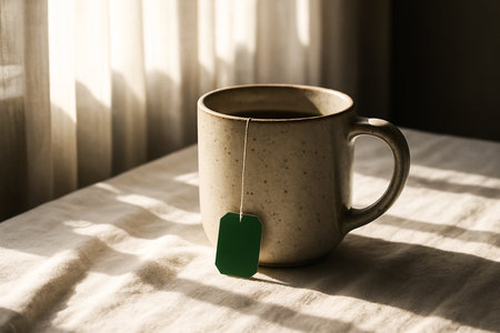 Cup of coffee with teabag on the table in sunlightの素材