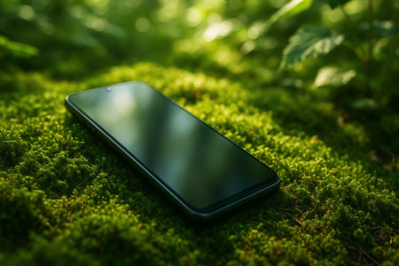 Smartphone with blank screen lies on green moss in the forest.の素材