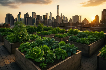 Sunset view of Chicago skyline and vegetable beds in a wooden terraceの素材