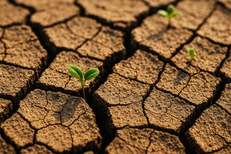 Green seedling growing on dry cracked earth background, global warming conceptの素材