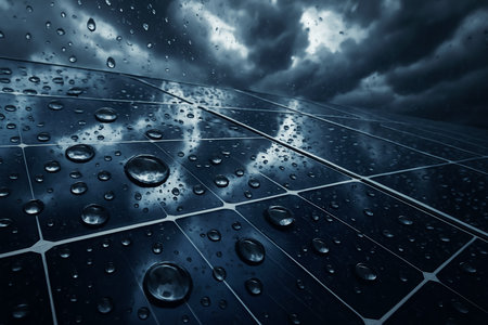 Water drops on solar panel with stormy sky, 3d renderの素材