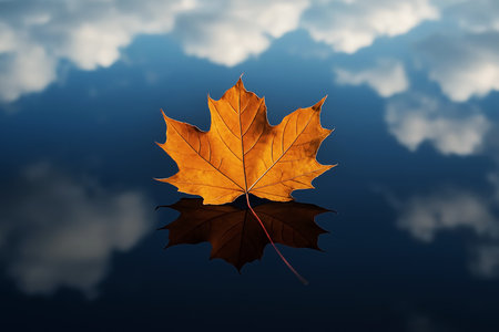 Autumn maple leaf on a dark blue sky background with clouds.の素材