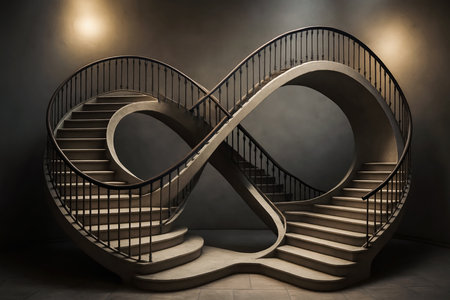 wooden spiral staircase in a dark room, 3d render illustrationの素材