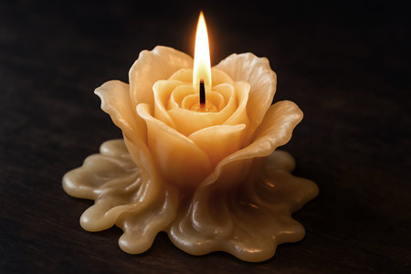 Burning wax candle on dark wooden background. Shallow depth of field.の素材