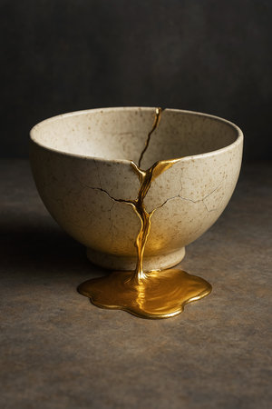 Broken ceramic bowl with spilled golden syrup on a dark background.の素材