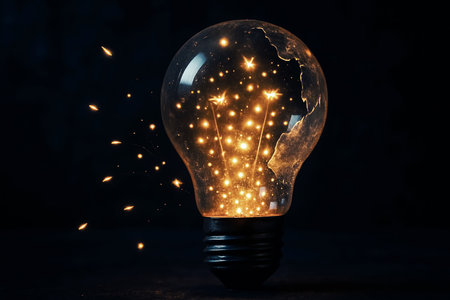 Glowing light bulb on dark background with sparkles. Idea conceptの素材
