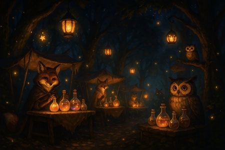 Halloween background with pumpkins, bats and owl in the forestの素材