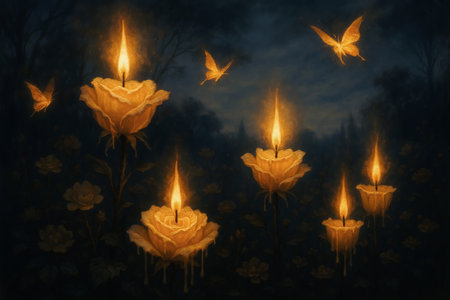 Burning candles in the dark, with butterflies flying in the backgroundの素材