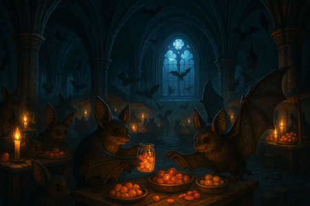 Halloween scene with bats, pumpkins and candles. Whimsical Gathering of Bats Feasting in a Dark Gothic Monastery Hallの素材