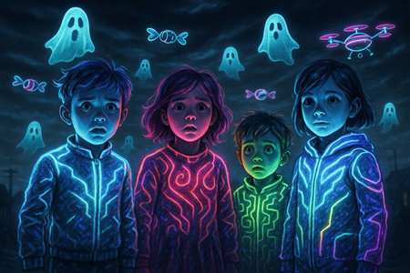 Neon Glow Children Surrounded by Digital Ghosts and Floating Candy on Halloweenの素材