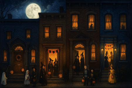 Halloween night scene with witchs and pumpkins in front of haunted house - illustration for childrenの素材