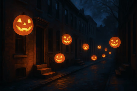 Halloween pumpkins in the city at night. 3D rendering.の素材
