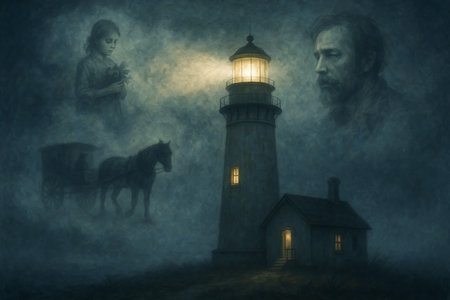 Lighthouse in the fog with horses and a woman in the backgroundの素材