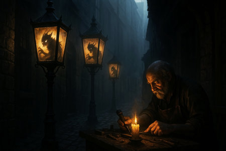 Old man smoking cigarette in the street at night. Halloween concept.の素材