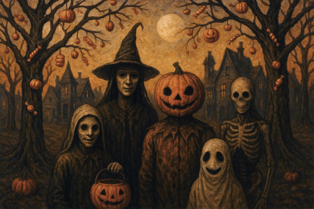 Halloween illustration with pumpkins, ghosts and witch in the forestの素材