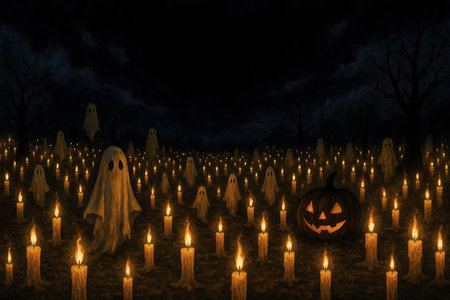 Halloween background with pumpkins, ghosts and candles.の素材