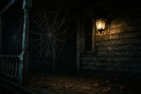 Halloween background with cobwebs and old wooden houseの素材