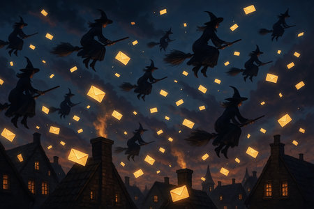 Witch flying on a broomstick in the night. Halloween backgroundの素材