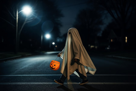 Little boy dressed as dracula with pumpkin lantern walking on road at nightの素材