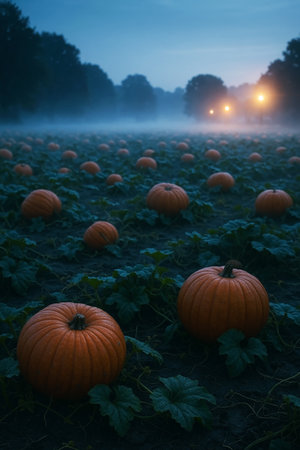 Halloween pumpkins in the field at the foggy night.の素材