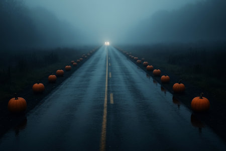 Pumpkin on the road in the fog. Halloween background.の素材