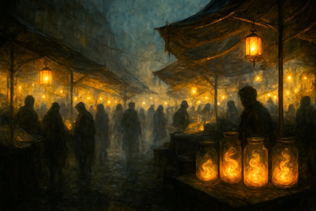 Mysterious Night Market with Lantern Light and Glowing Jars on Stallの素材