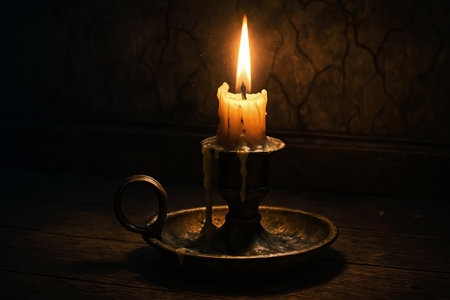 Burning candle in a copper candlestick on a dark backgroundの素材
