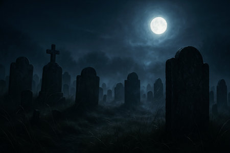 Spooky graveyard at night with full moon. Halloween concept. 3D Renderingの素材