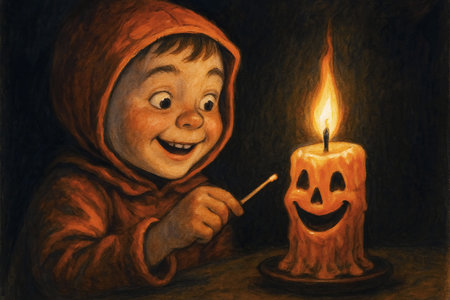 Child in a raincoat with a candle in his hand. Illustrationの素材