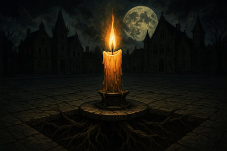Burning candle in front of a haunted castle. Single Burning Candle Flame Against Dark Gothic Castle and Full Moonの素材