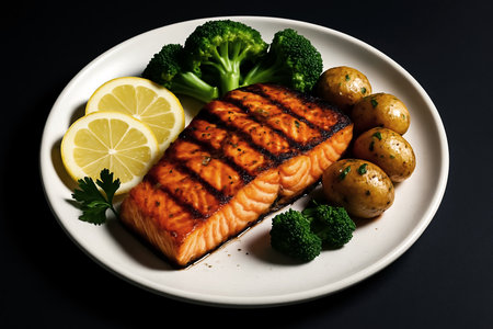 Salmon Steak with Potatoes and Broccoli on Black Backgroundの素材
