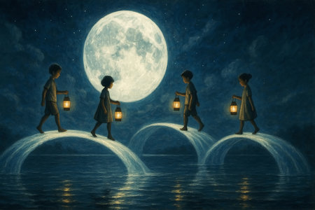 3d illustration of a group of people walking in the moonlightの素材