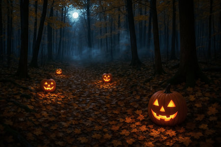 Halloween pumpkins in the forest at night. 3d renderingの素材