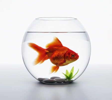 Goldfish in a glass bowl on a white backgroundの素材
