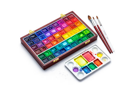 Watercolor paints and brushes isolated on white background. Top view.の素材