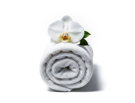 White towel with orchid flower isolated on white background, spa conceptの素材