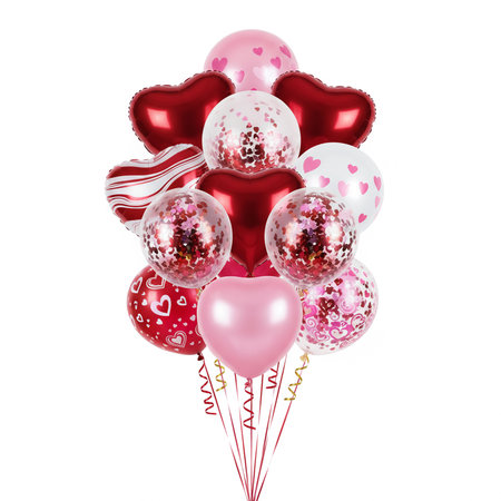 Red and pink balloons with hearts on white background. Vector illustration.の素材