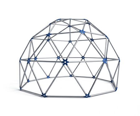 3D render of polygonal sphere with blue stars on white backgroundの素材